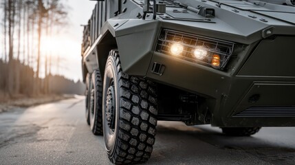 A rugged military armored vehicle advances with determination on a desolate road. Its powerful tires grip the asphalt.