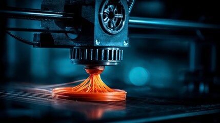 A close-up view captures the intricate process of 3D printing. The machine precisely extrudes molten material.