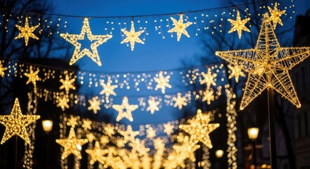 Enchanting starlight canopy illuminating the cityscape with festive golden glow on a clear night