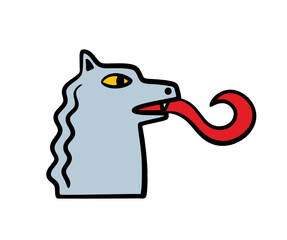 Scandinavian mythical creature. Vector illustration of a dragon with a fiery tongue or a wild cartoon  wolf. A drawing from a fairy tale. legends or myths on the rock.