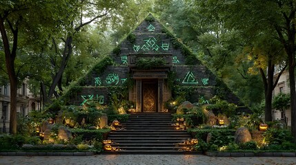 Spooky pyramid entrance lit by jack-o-lantern glyphs and green neon symbols