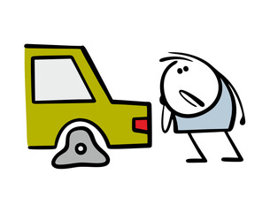 Cartoon frustrated driver looks at the flat tire. Vector illustration of a breakdown in a car. The tire deflated, stickman suffers, calls the repair service.