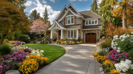 Front yard of a house with trees, plants and green lawn