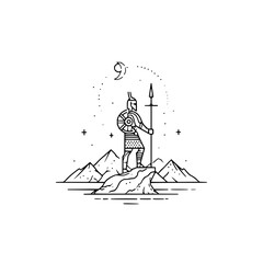 Naklejka premium A warrior stands guard on a rocky peak with spear and shield under crescent moon and starry sky landscape view