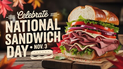 Deliciously layered sandwich celebrating national sandwich day november 3rd with autumn leaves