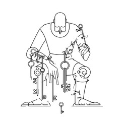 Seated figure adorned with keys in a line art style illustration on a white background design concept