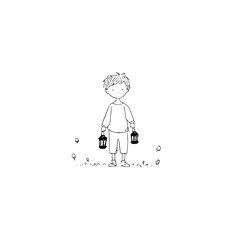 A boy stands holding two lanterns in a sparse landscape with scattered objects drawn in simple line art