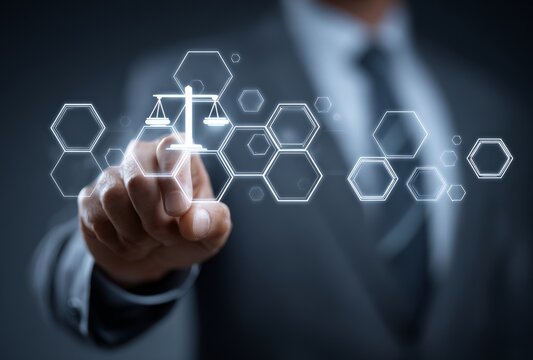 Digital Justice: Man Points to Scales Icon Amidst Hexagons