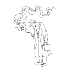 Line drawing of a man in a trench coat and hat smoking with smoke trails and holding a briefcase style bag