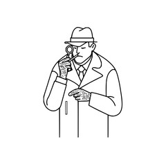 Detective with tattoos inspecting with a magnifying glass in a black and white line drawing style image