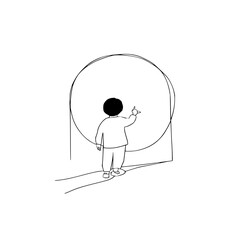 A child standing before a large circular opening points upward with his hand in a minimalist style drawing