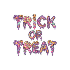Obraz premium Whimsical 'Trick or Treat' typography designed as melting pastel candy letters with a dripping effect, isolated on a white background.