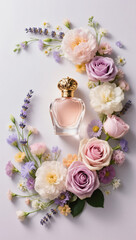 Luxurious perfume bottle with golden details and soft curves at the base, airy composition of pastel peonies, garden roses, lavender and pale blue cornflowers in a dreamy swirling motion above