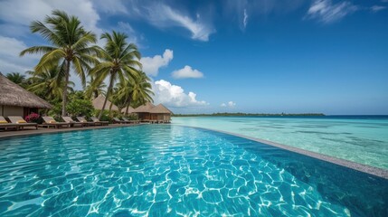 Tropical Island Resort Infinity Pool Overlooking Turquoise Ocean and Palms