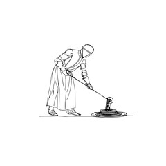 Fototapeta premium Line drawing of a person in armor using a tool on a stacked circular object with liquid around it