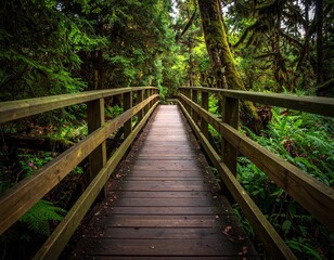 Wooden Footbridge Through Lush Green Forest