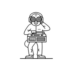 A person with spiral eyes and headphones holding a boombox in a black and white line drawing style