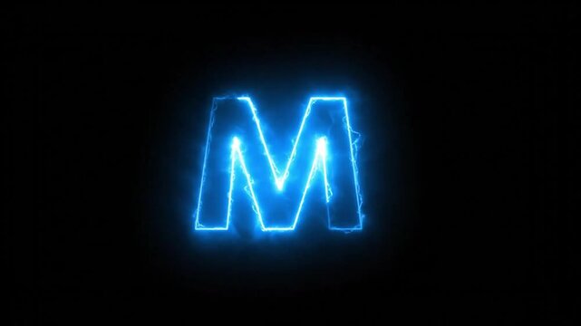 Animated Digital Letter M Typography in Bright Blue Neon Light Effect on a Dark Black Background, Drawing On and Off for Technology, Logo, and Initial Branding Concepts.


