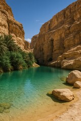 Oasis in a canyon with turquoise water and palm trees under a blue sky, Egypt, desert