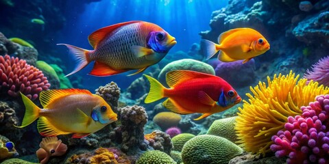Fototapeta premium Vibrant Reef Inhabitants A Colorful Underwater Scene Showcasing Exquisite Tropical Fish and Lush Coral Formations