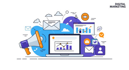 Digital marketing concept with megaphone, laptop displaying charts, emails, and user icons, representing online promotion and analytics.