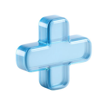 Translucent light-blue glass plus sign, 3D rendered, with rounded edges and subtle reflections