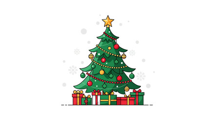 Festive illustration of a decorated Christmas tree with ornaments, a star, and wrapped presents.