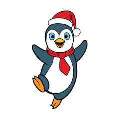 Cute cartoon penguin wearing a Santa hat and scarf