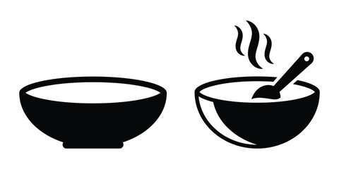 Vector set of empty and filled bowl icon. Clean silhouette of kitchen bowls for digital menu cards or posters.