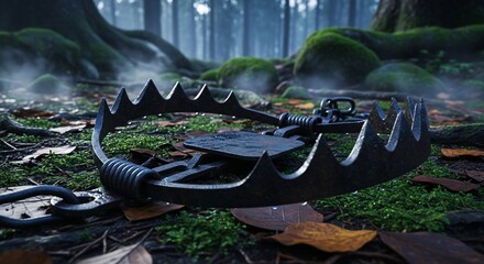 Metal animal trap set in a lush green forest with fallen leaves