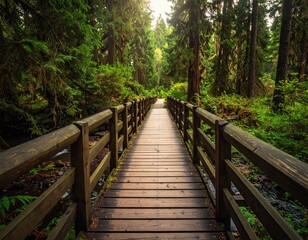 Wooden Footbridge Through Lush Green Forest