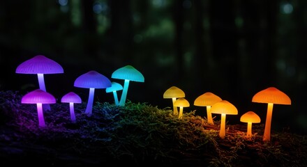 Magical glowing mushrooms in rainbow colors illuminate a dark forest floor