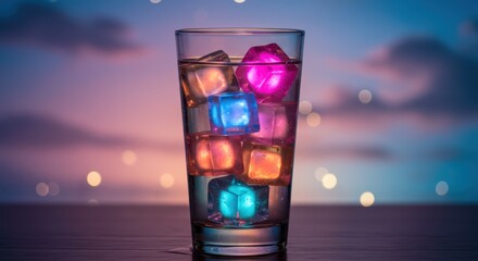 Glass of iced drink with colorful glowing ice cubes at dusk