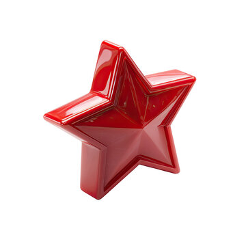 A glossy, three-dimensional red star, angled slightly, with a high-shine finish and distinct facets