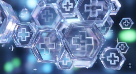 Abstract medical plus sign in hexagonal shape, healthcare and technology concept