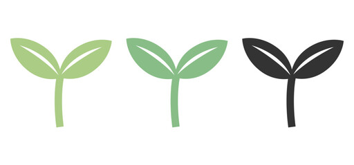 Set of Cotyledon Leaves Illustrations – Flat Vector Design in Light Green, Green, and Black for Eco-Friendly and Organic Concepts
（双葉のイラスト3色セット。フラットベクターデザインで優しい黄緑、緑、黒。エコやオーガニックのコンセプトに最適。）