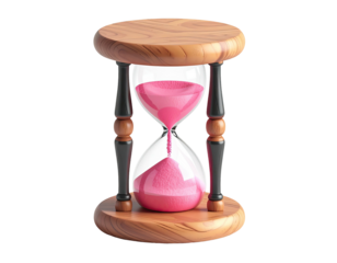 A classic hourglass with pink sand, resting on a wooden base
