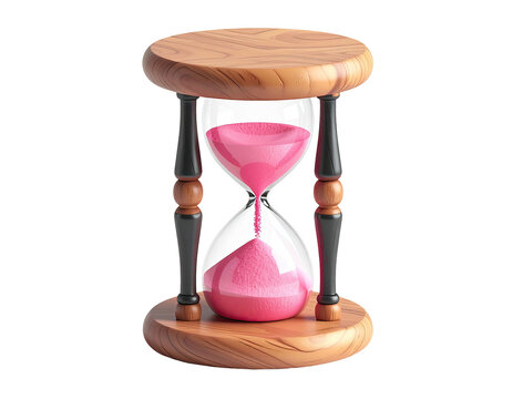 A classic hourglass with pink sand, resting on a wooden base