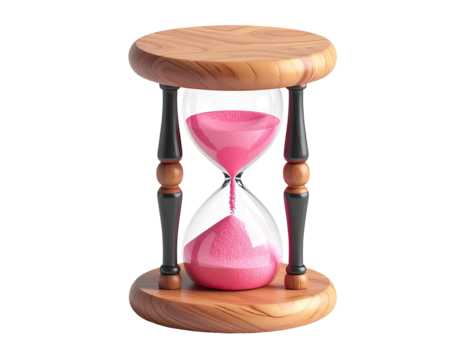 A classic hourglass with pink sand, resting on a wooden base