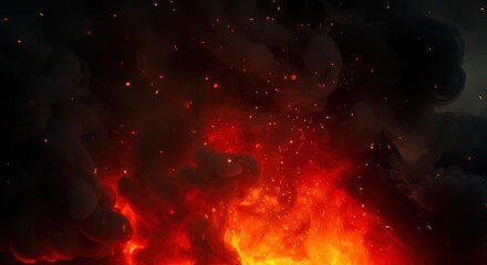 Fiery explosion with glowing embers and dark smoke