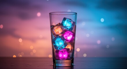 Glass of water with colorful glowing ice cubes in neon light
