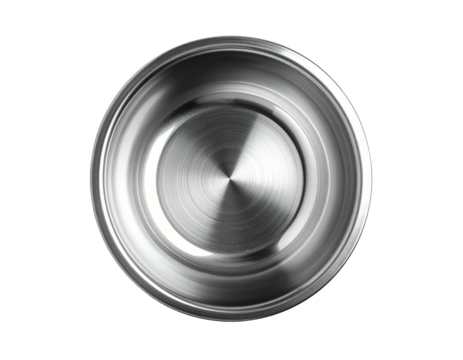 High-angle, top-down view of a round, stainless steel bowl or pot.  A smooth, polished surface shows subtle, radiating concentric lines