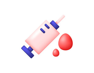 Illustration of a medical injection and a blood drop symbol. Medical equipment, health. 3D style design. Symbol, icon, element, white background.