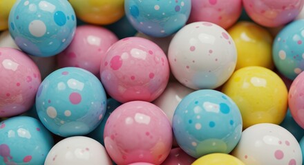 Close up of pastel colored gumballs with speckles