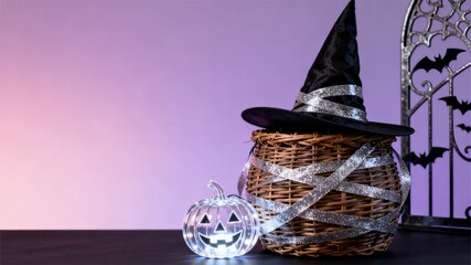 "Mysterious Halloween Atmosphere" Pumpkin Lamp Witch Hat Wicker Basket E - commerce Banner