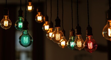 A row of colorful vintage edison light bulbs hanging in the dark