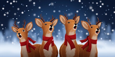 Naklejka premium Animated reindeer singing in snowy winter night