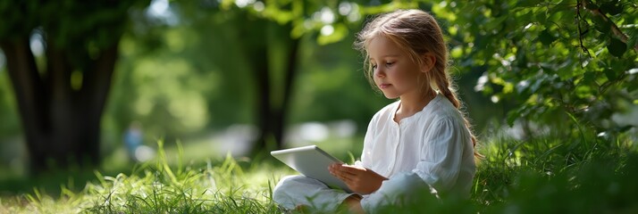 Caucasian young girl reading tablet outdoors in sunny park