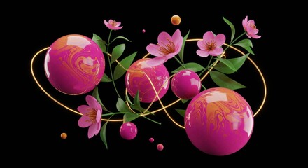 Abstract composition of pink spheres and flowers with gold accent