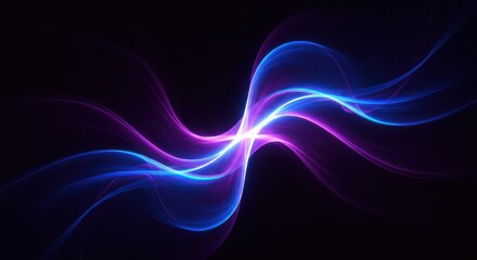 Abstract glowing wavy lines of blue and purple light on a dark background